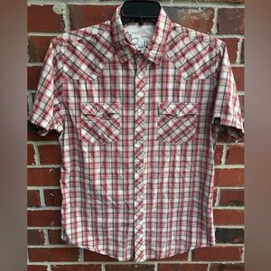 Bullhead Wild West Cowboy Shirts Short Sleeve Pearl Snap Plaid Large Shirt C8